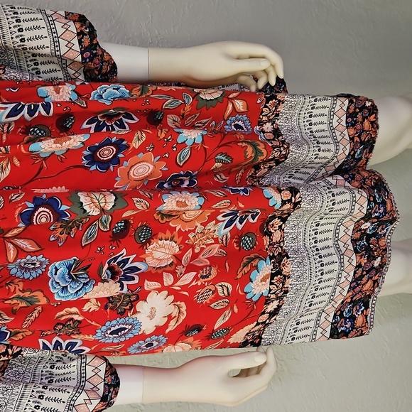 BTFBM Red Floral V-Neck Puff Sleeve Summer Dress - Picture 5 of 11